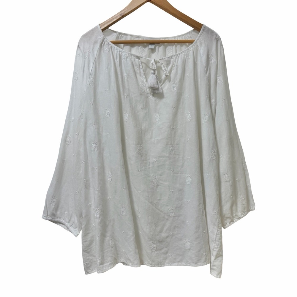 J Jill Pineapple Embroidered Peasant Blouse Top Size XL White Cottage Bohemian